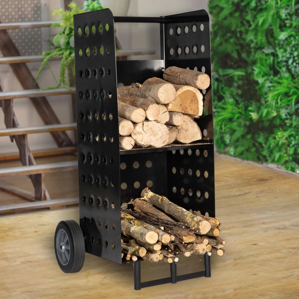 Carrello porta legna da ardere in acciaio nero 40x40x100 cm per il camino