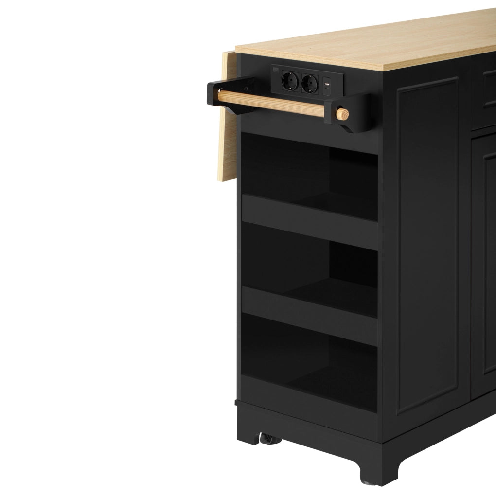 Isola cucina 131.8x40-70x93.3 cm con piano ribaltabile e prese integrate in MDF nero e naturale