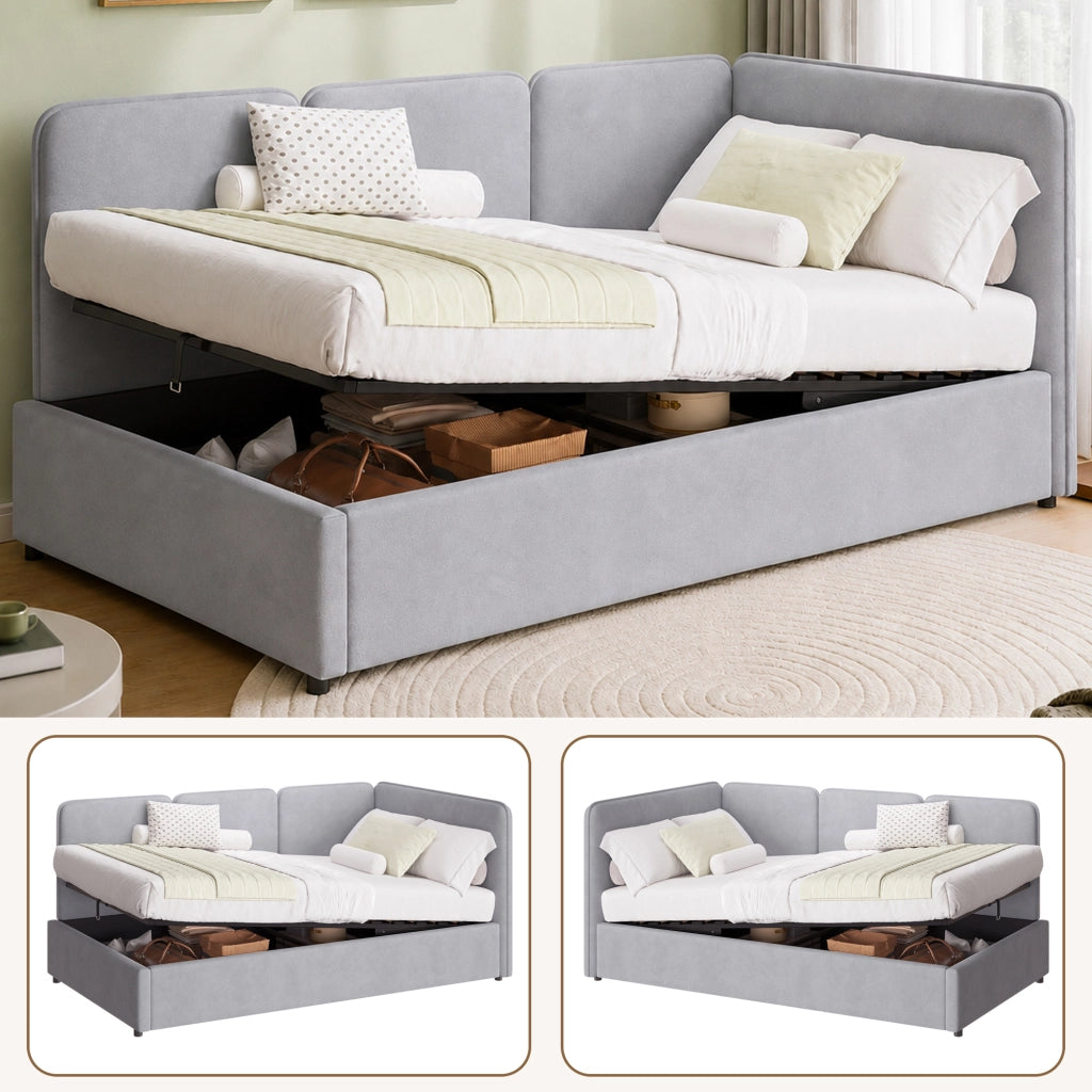 Letto divano 90 × 200 cm con contenitore idraulico, montaggio reversibile, senza materasso, en velluto grigio