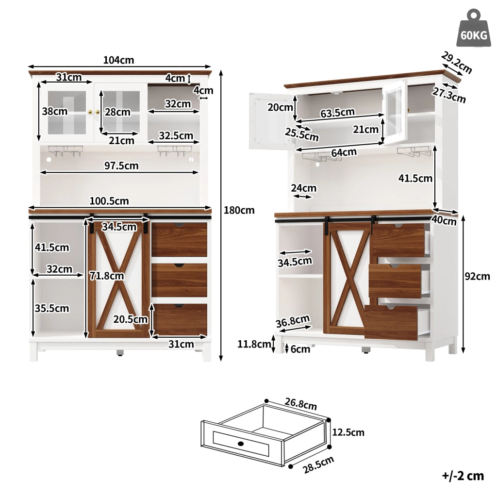 OKWISH Credenza Alta da Cucina con Porta Scorrevole, Ripiani Regolabili e LED, per Cucina, MDF Metallo Vetro, Bianco 104×40×180 cm