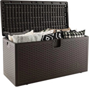 Cassapanca Per Esterni in Metallo e PE Rattan, Contenitore Impermeabile da 378 litri, con chiusura a chiave, 127 x 56 x 64 cm, Marrone