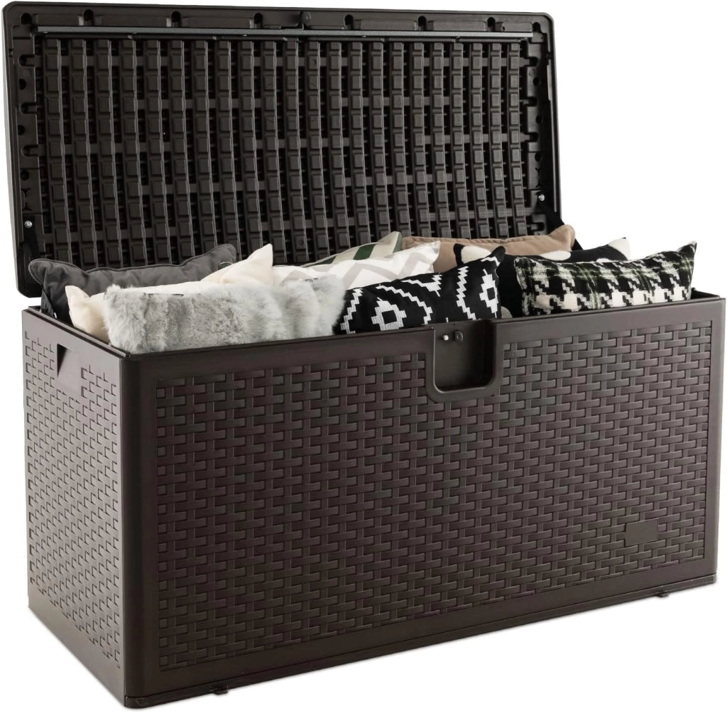 Cassapanca Per Esterni in Metallo e PE Rattan, Contenitore Impermeabile da 378 litri, con chiusura a chiave, 127 x 56 x 64 cm, Marrone