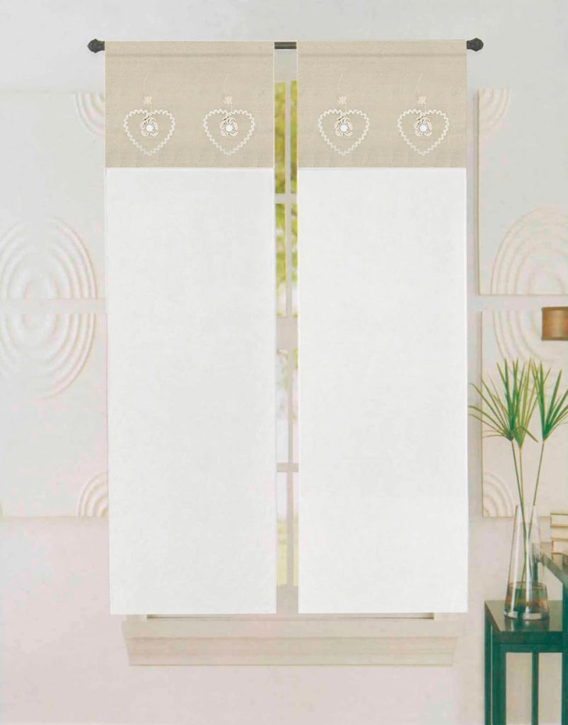 Tenda Finestra Porta Interno 60x240 cm Coppia 2 pz Cuore Shabby Chic Tessuto Semitrasparente Beige