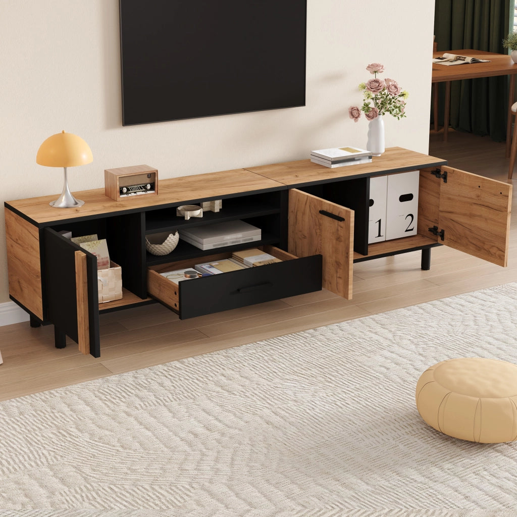Cassettiera TV nero e finitura legno; in truciolare; lunghezza 180 cm