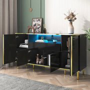 Credenza con 4 Ante; 1 Cassetto e LED; Nero Lucido con Dettagli Dorati; in MDF; 150??40??80 cm
