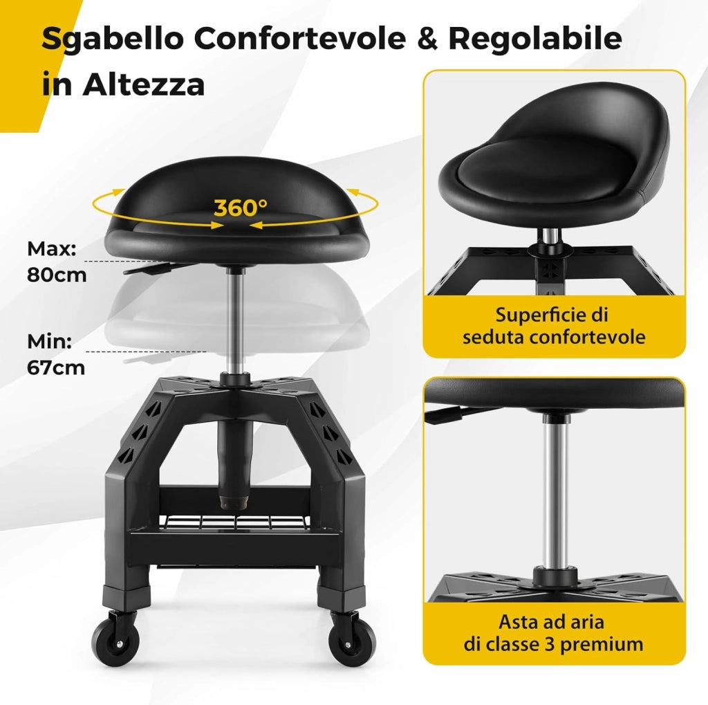 Sgabello da Officina, Sgabello Meccanico Rotante con Vassoio Porta Attrezzi, Regolabile in Altezza e 4 Ruote Universali, Capacità di 150 kg, per Garage, Officina (Nero)