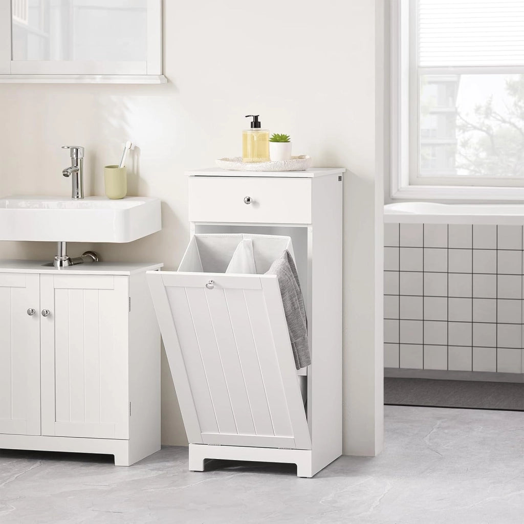 Mobiletto Bagno Salvaspazio con Cassetto e Cesto Portabiancheria Estraibile - Armadietto Stretto Verticale per Bagno Piccolo o Lavanderia - Mobile Bagno in MDF Bianco, L40×P38×H90 cm, BZR21-II-W