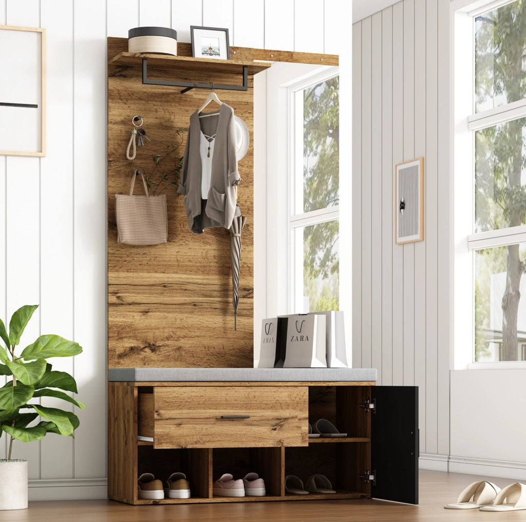 Garderoba ingresso 190 cm in effetto legno con specchio; panca imbottita e porta scarpe; colore rovere