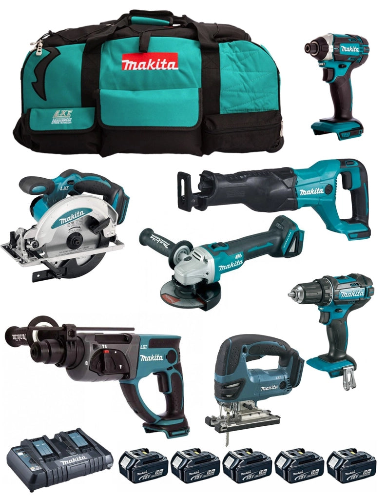 MAKITA Kit DLX7013PT1 (DDF482 + DGA504 + DHR202 + DJR186 + DJV180 + DSS610 + DTD152 + 5 x 5,0 Ah + DC18RD + LXT600)