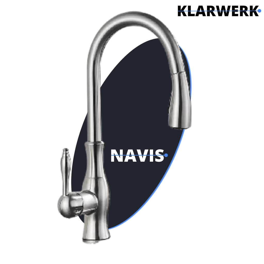 NAVIS | Elegante rubinetto cucina estraibile in acciaio inox argento, arco alto, miscelatore di lusso, alta pressione, 360°, 2 attacchi