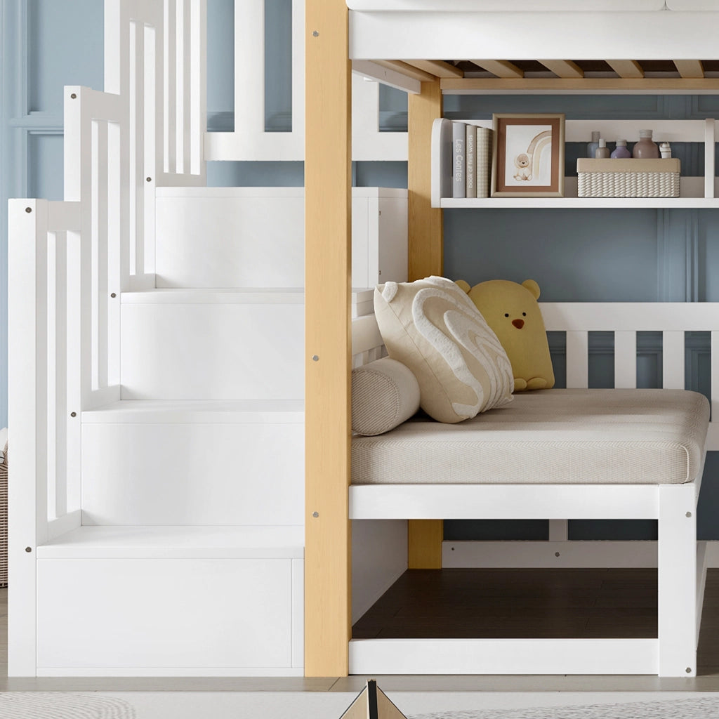 Letto a Castello 90x200 cm - Tavolo Pieghevole Regolabile; Scala Contenitore e Libreria