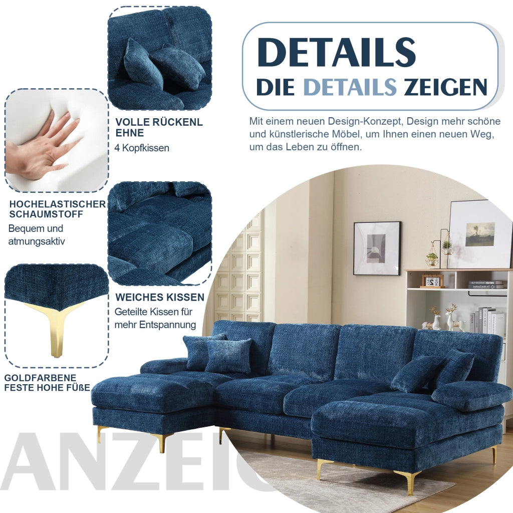 OKWISH Divano Panoramico a U, 4 Posti con Doppia Chaise Longue, Seduta Ergonomica e Cuscini, Ciniglia Blu