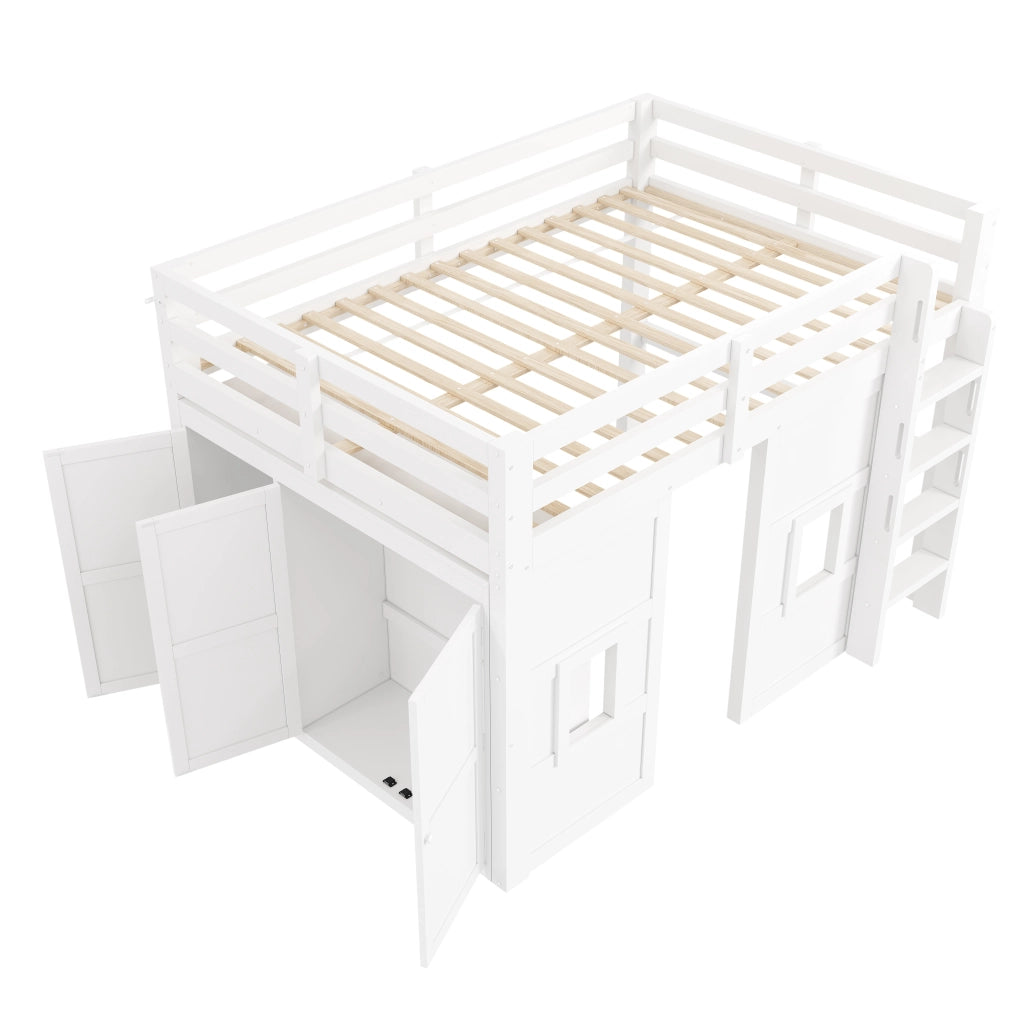 Letto a Soppalco con Armadio Integrato e LED ¨C MINIMAL ¨C Legno Bianco 140x200