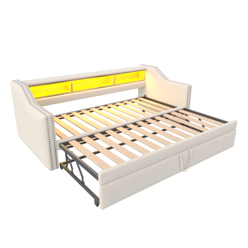 Divano letto estraibile imbottito 90/180x190 cm beige con LED e USB