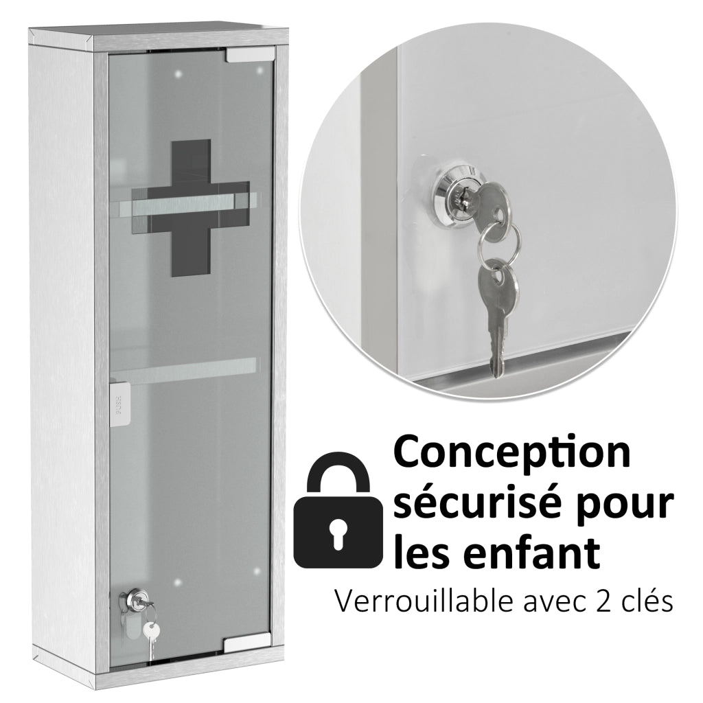 Armadietto Farmacia Parete ¨C Xylo ¨C Acciaio Inox con Vetro Temperato, 20x12x58 cm