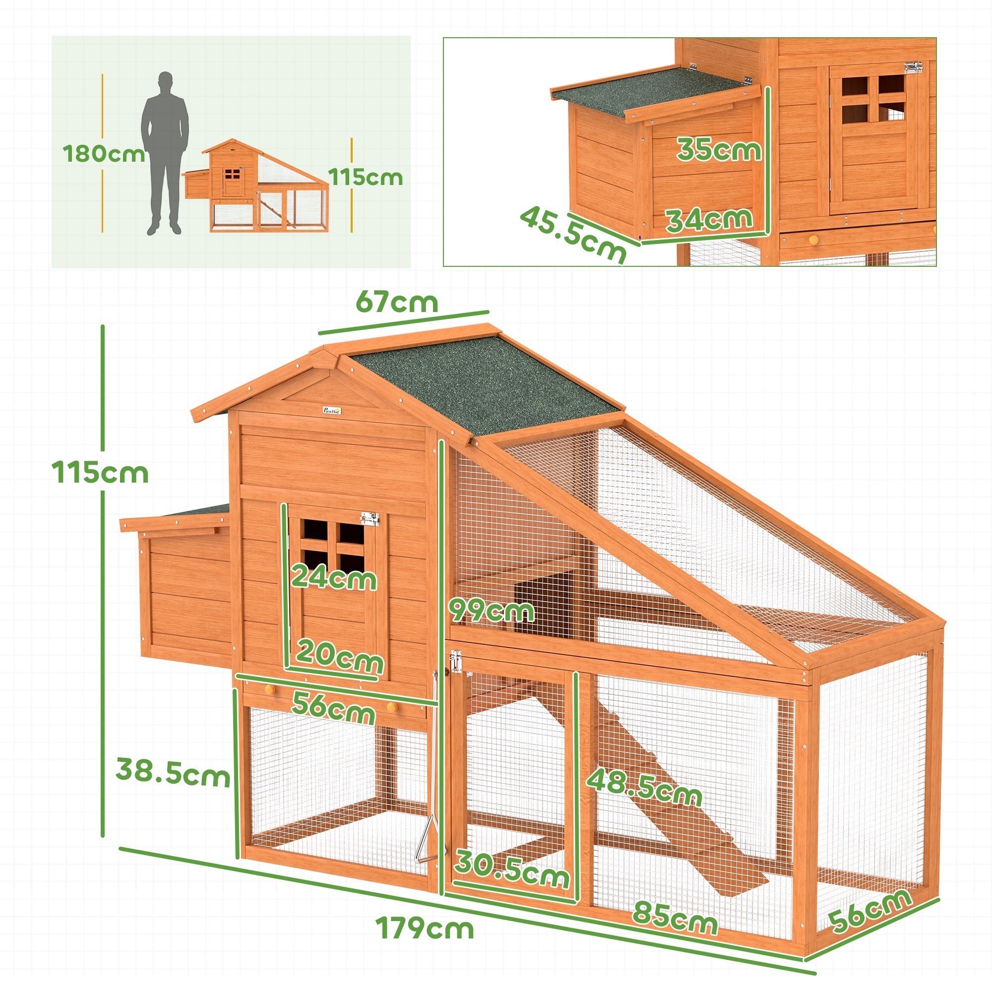 Pollaio da Giardino per 1-2 Galline con Area per Cova 179x67x115 cm Arancione