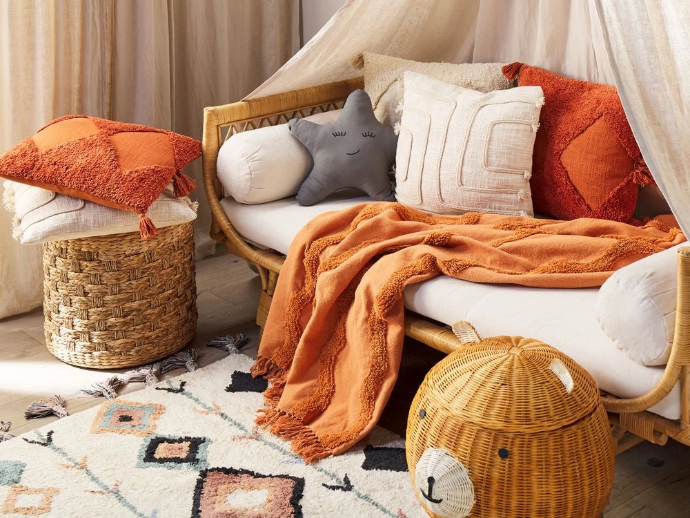 Coperta in cotone arancione con frange e motivo geometrico 125 x 150 cm stile boho soggiorno camera da letto accessorio divano