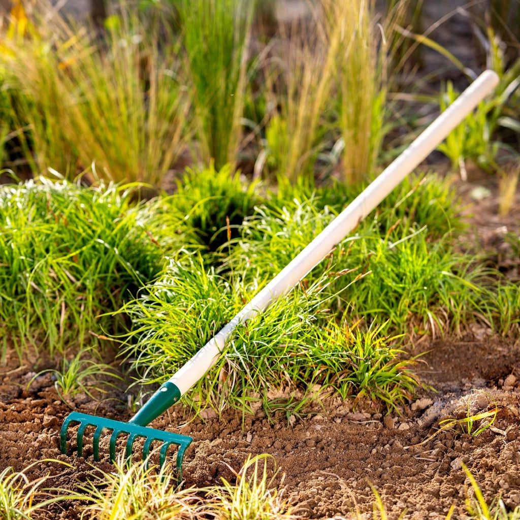 Rastrello per foglie KADAX, per giardino ed erba, con manico in legno, 117 cm, 8 denti solidi