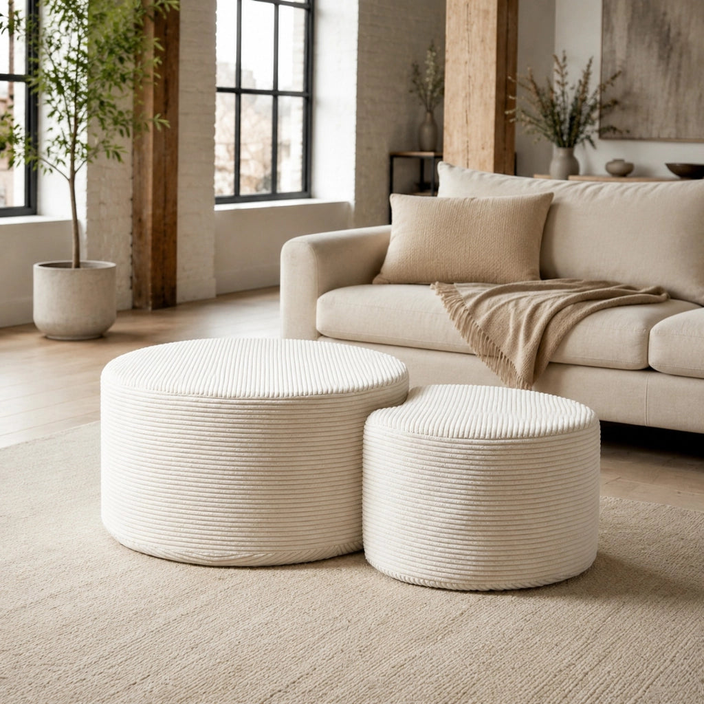 Tavolini bassi fissi imbottiti in schiuma set da 2 in tessuto beige per soggiorno; utilizzabili anche come pouf