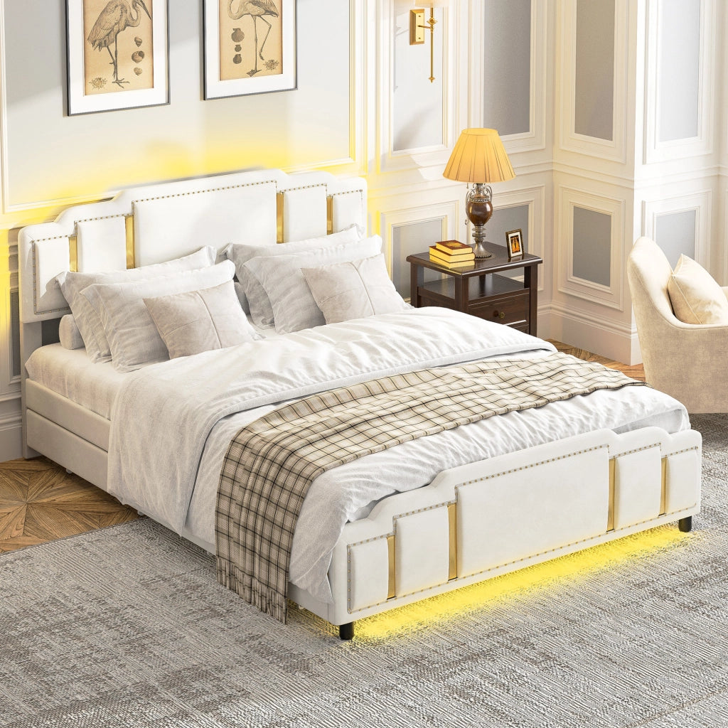 Letto imbottito 140x200 beige con LED e 4 cassetti