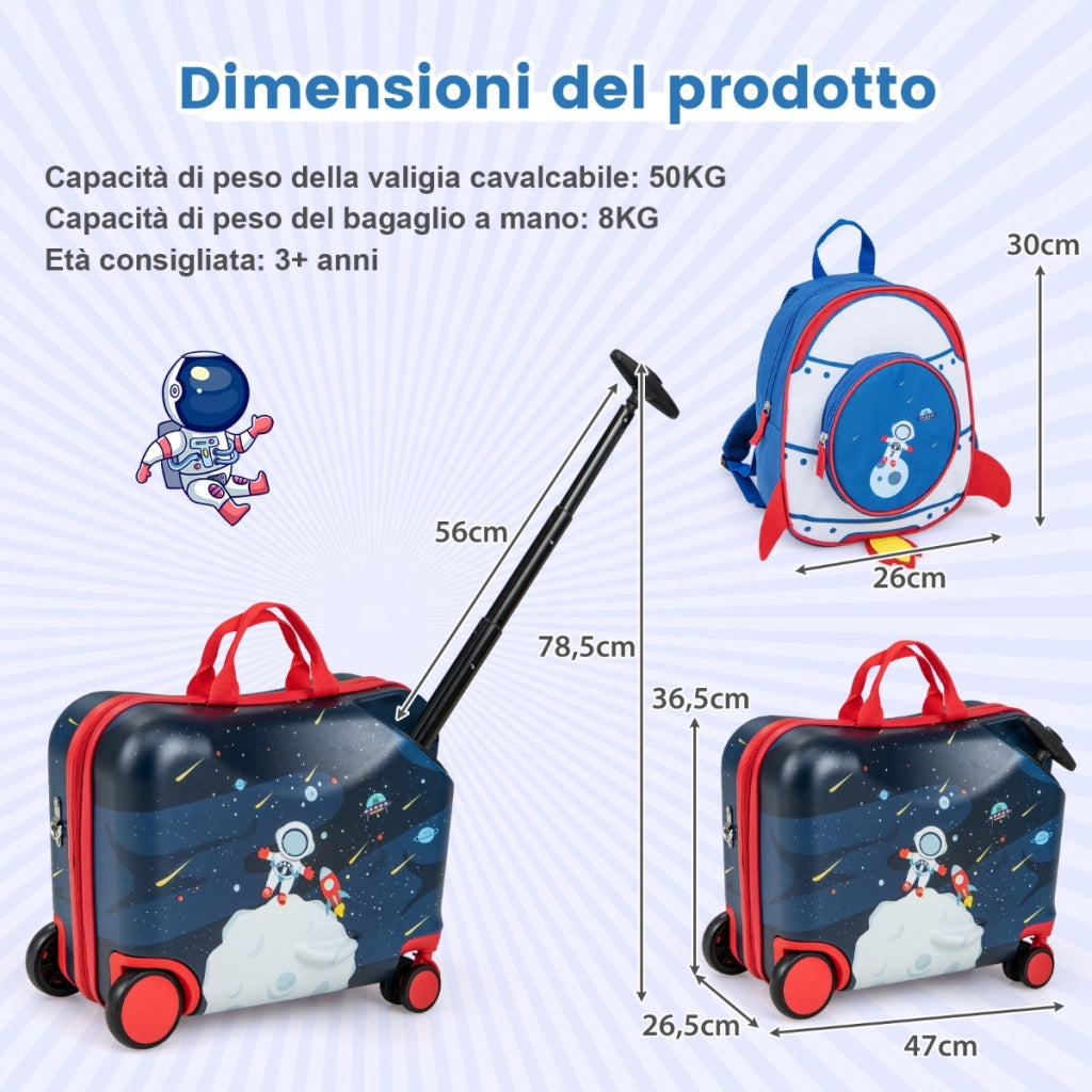 Set di valigie per bambini da 2 pezzi, Valigia con zaino duro e impermeabile con ruote 47x26,5x36,5cm Nero-Bagagli e borse