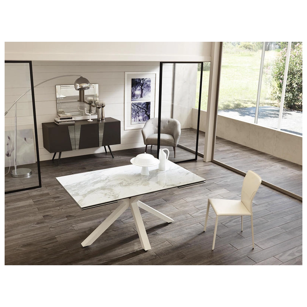 Tavolo allungabile Ceramica 1 160/240cm con top in ceramica marmo bianco lucido su vetro temperato e base in metallo - Stones