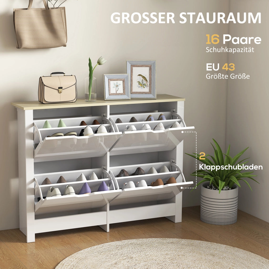 Scarpiera Slim Salvaspazio ¨C Xylo ¨C Bianco e Legno Naturale 105x26x80cm 4 Ante Ribaltabili