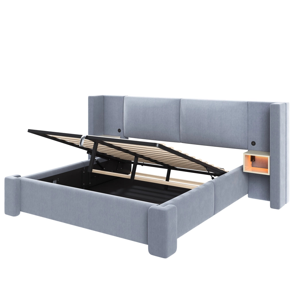 Letto matrimoniale 140x200 con contenitore idraulico e luci LED integrate; lino grigio