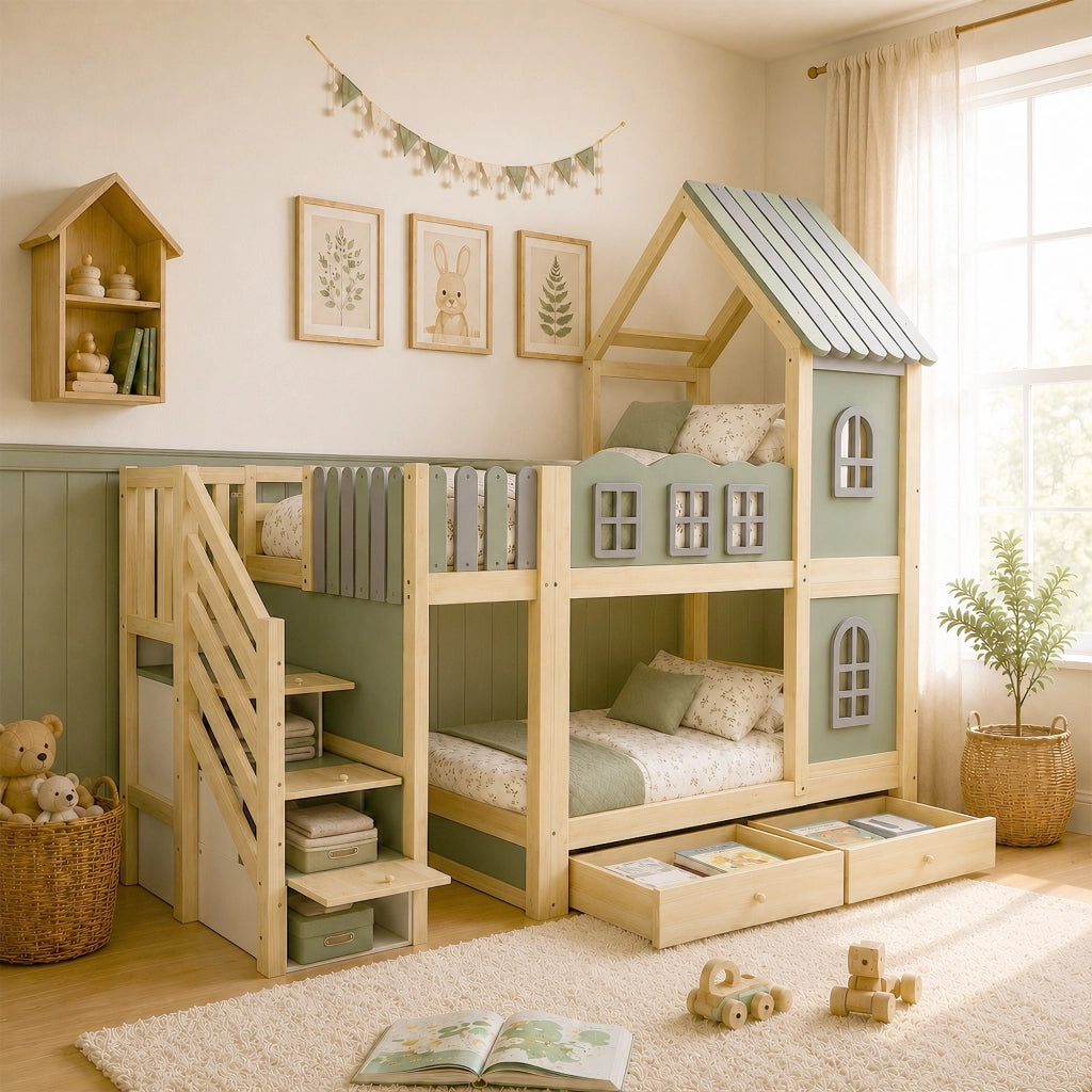 Letto a castello 90×200 cm; 2 posti con scala contenitore; finestre; senza materasso; in legno; verde