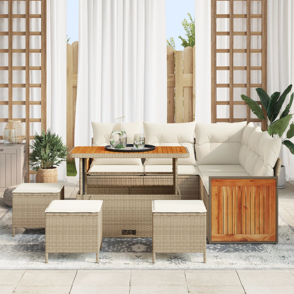Set Divano da Giardino  a 9 Pezzi con Cuscini Beige Poly Rattan Acacia