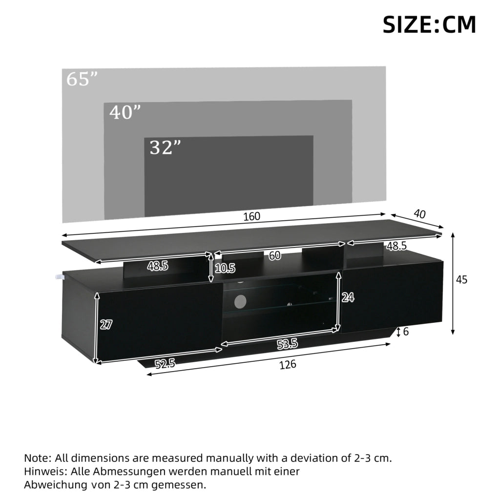 Mobile TV nero con LED controllabile via app, 160x40x45 cm, 2 ante e 8 ripiani