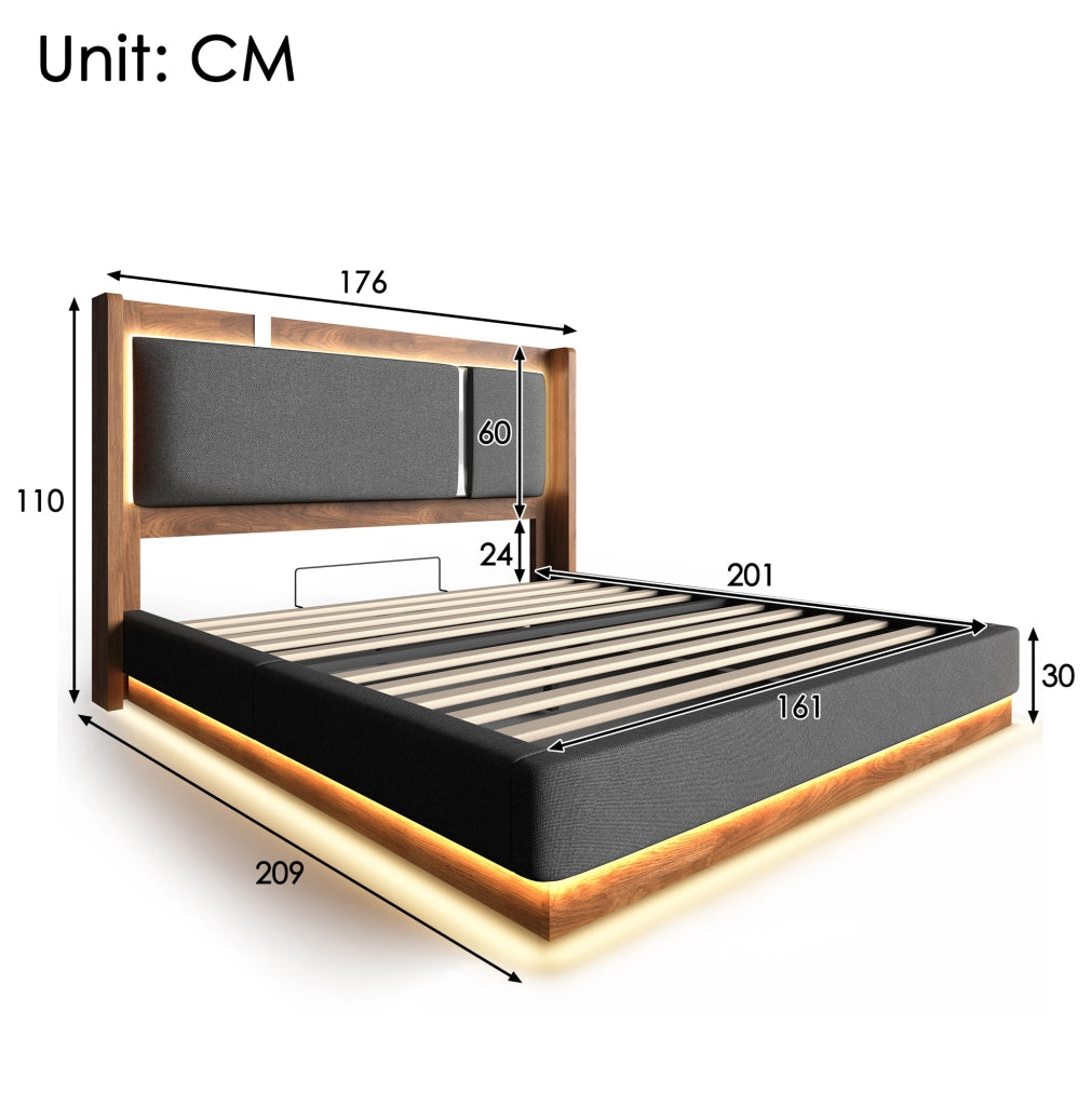 Letto matrimoniale 160x200 cm con contenitore; LED e struttura in metallo; grigio e noce
