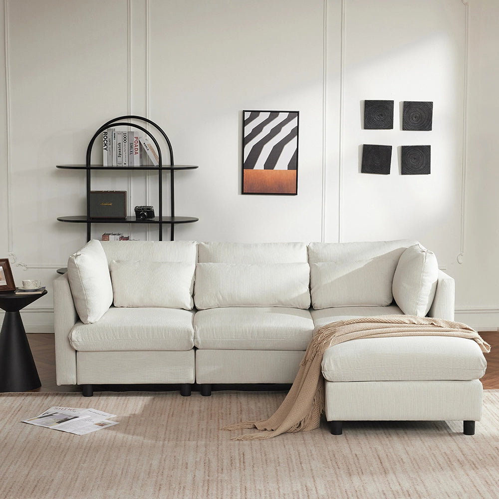 Divano angolare con pouf - Xylo - Tre posti, imbottito, beige
