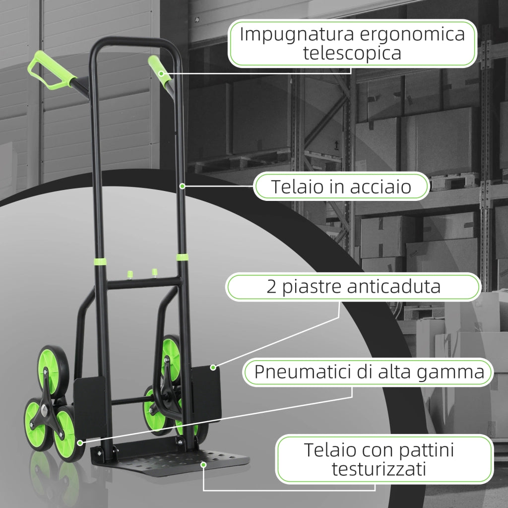 Carrello Portapacchi per Scale 6 Ruote. Pieghevole. Portata 120kg. in Acciaio. per Trasloco. Giardinaggio. Verde