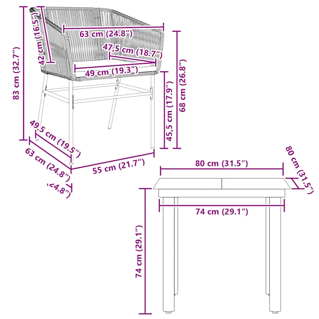 Set da Pranzo da Giardino 3 pz con Cuscini in Polyrattan Vetro