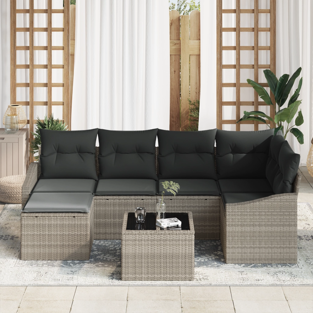Set divano da giardino 7 pezzi con cuscini grigi in polyrattan