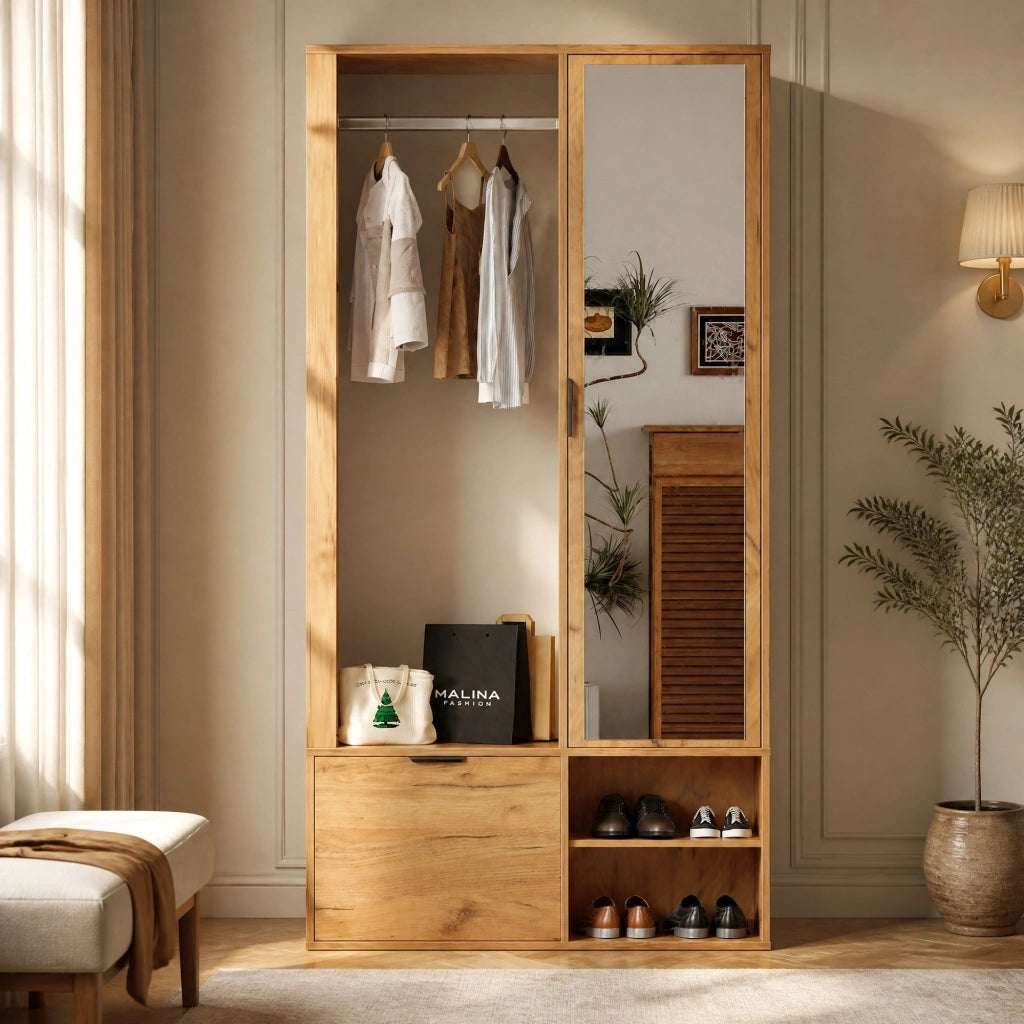 Mobile ingresso 6 in 1 100 x 33 x 190 cm con specchio; appendiabiti e vani; colore legno naturale
