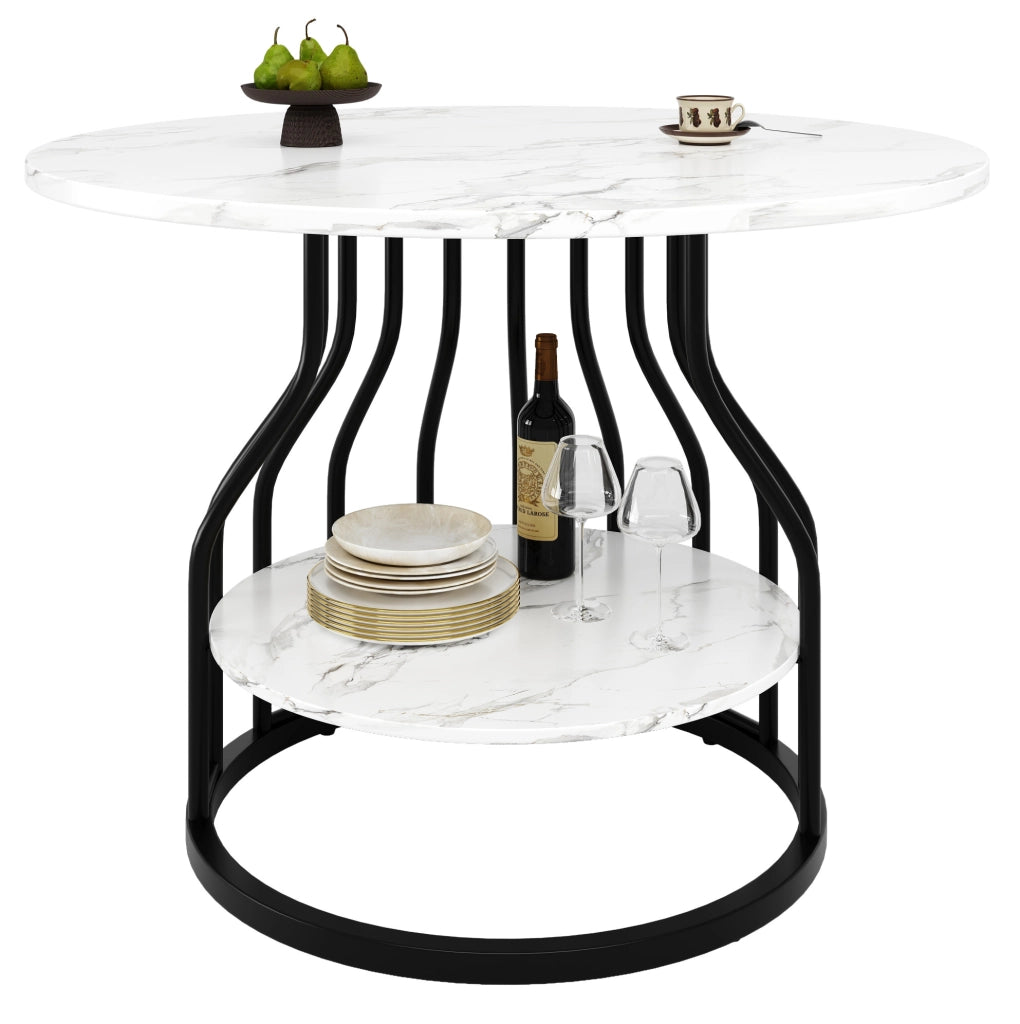 Tavolo da pranzo rotondo 80x80x76 cm con vano inferiore; MDF effetto marmo nero