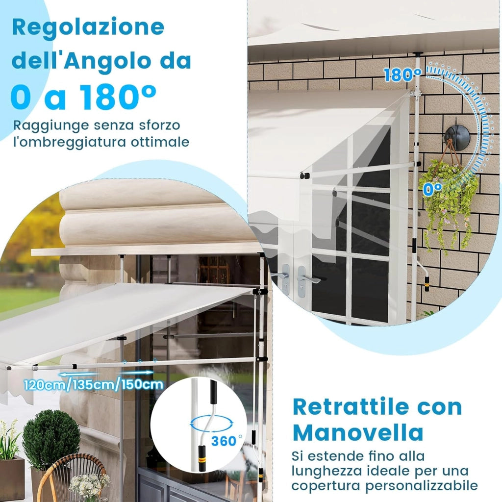 Tenda da Sole a Morsetto, Tenda per Balcone Senza Foratura Altezza e Inclinazione Regolabili con Manovella, Telo Impermeabile e Resistente ai Raggi Solari e Telaio Antiruggine (2M,Bianco)