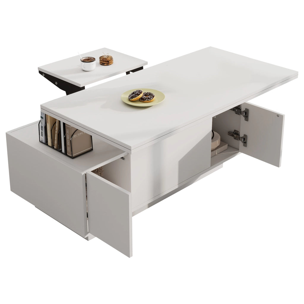 TAVOLINO DA CAFFÈ 100x50x43 cm Bianco in pannello di legno con doppio piano ribaltabile