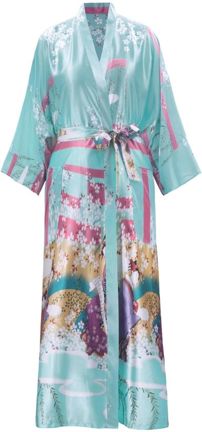 Kimono Badjas Donne Lunghe 3XL Grandi Dimensioni Camicia da Camera Leggera Kimono Giapponese Yukata Sakura Ukiyoe Blu Pastello