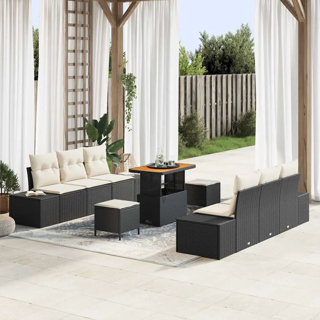 Set Divano da Giardino con cuscino 9 pcs Nero Poly Rattan