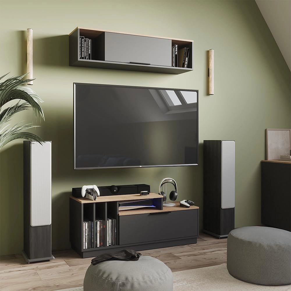 Lavagna Betti, Antracite/Sonoma, 120 x 49.9 cm con 1 porta, adatto per TV fino a 55 pollici e accessori multimediali