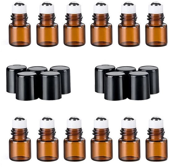Mini Roller per Olio Essenziale in Vetro Amber - 12x 3ml - Riciclabile - Ideale per Parfum e DIY - Reutilizzabile