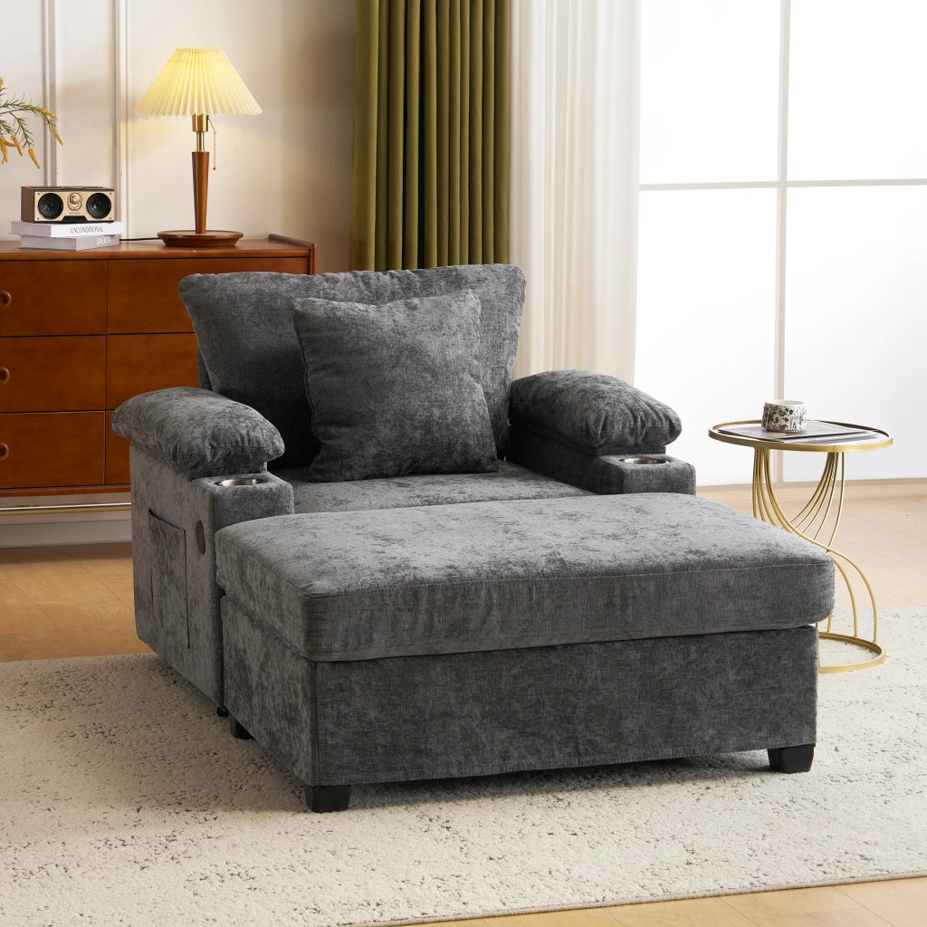 Fauteuil relax in ciniglia con portabicchieri, USB e tasche laterali, supporto ergonomico, grigio scuro
