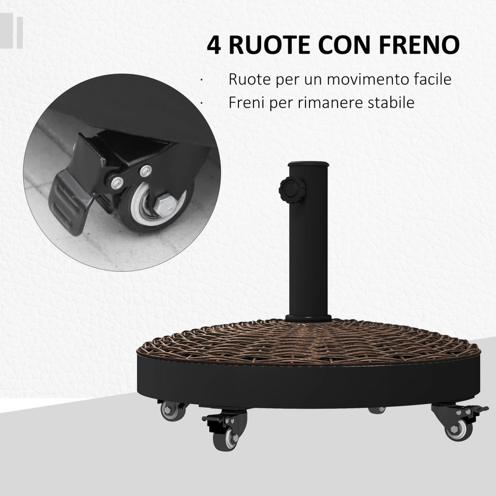 Base per Ombrellone Rotonda Ø52x41 cm 4 Ruote con Freni in Acciaio e Resina Bronzo e Nero