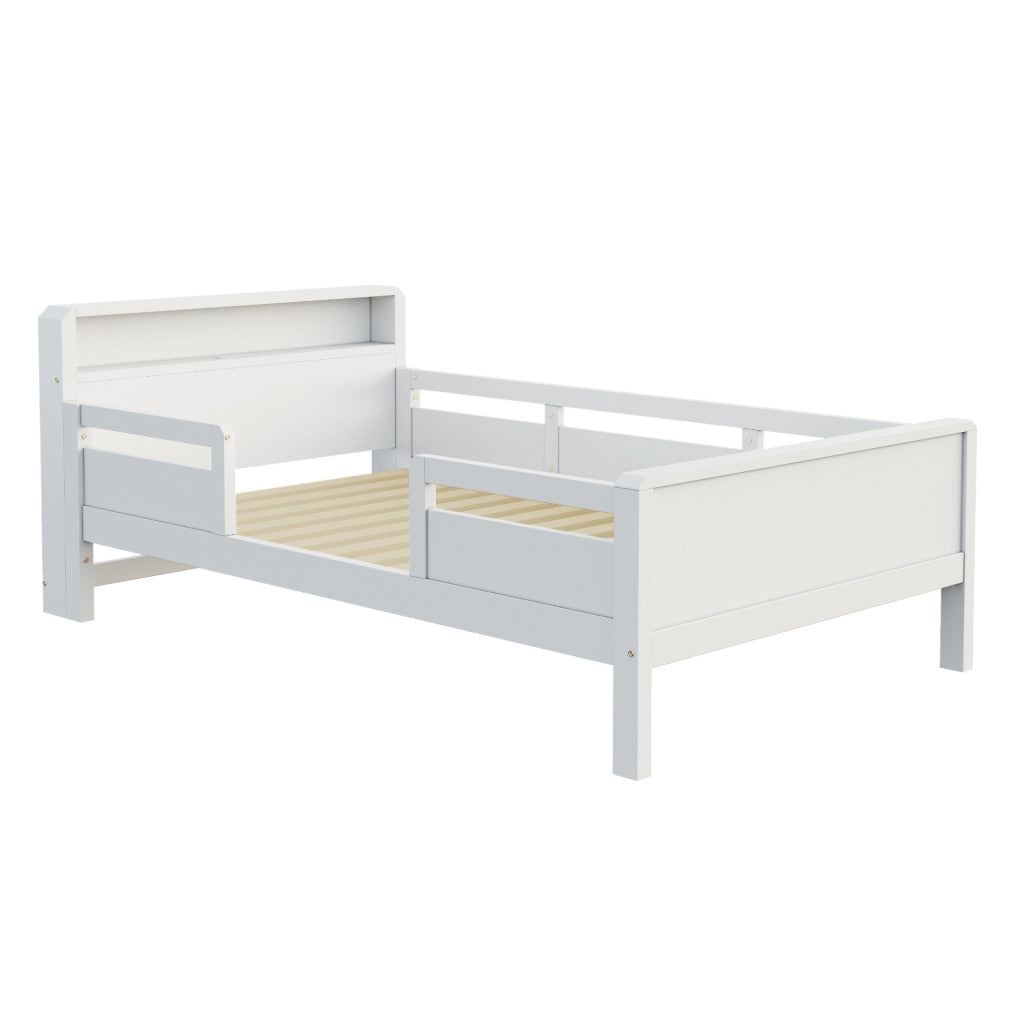 Letto singolo 90x200 cm con luce LED e presa USB e Type-C; testiera con ripiano; legno bianco