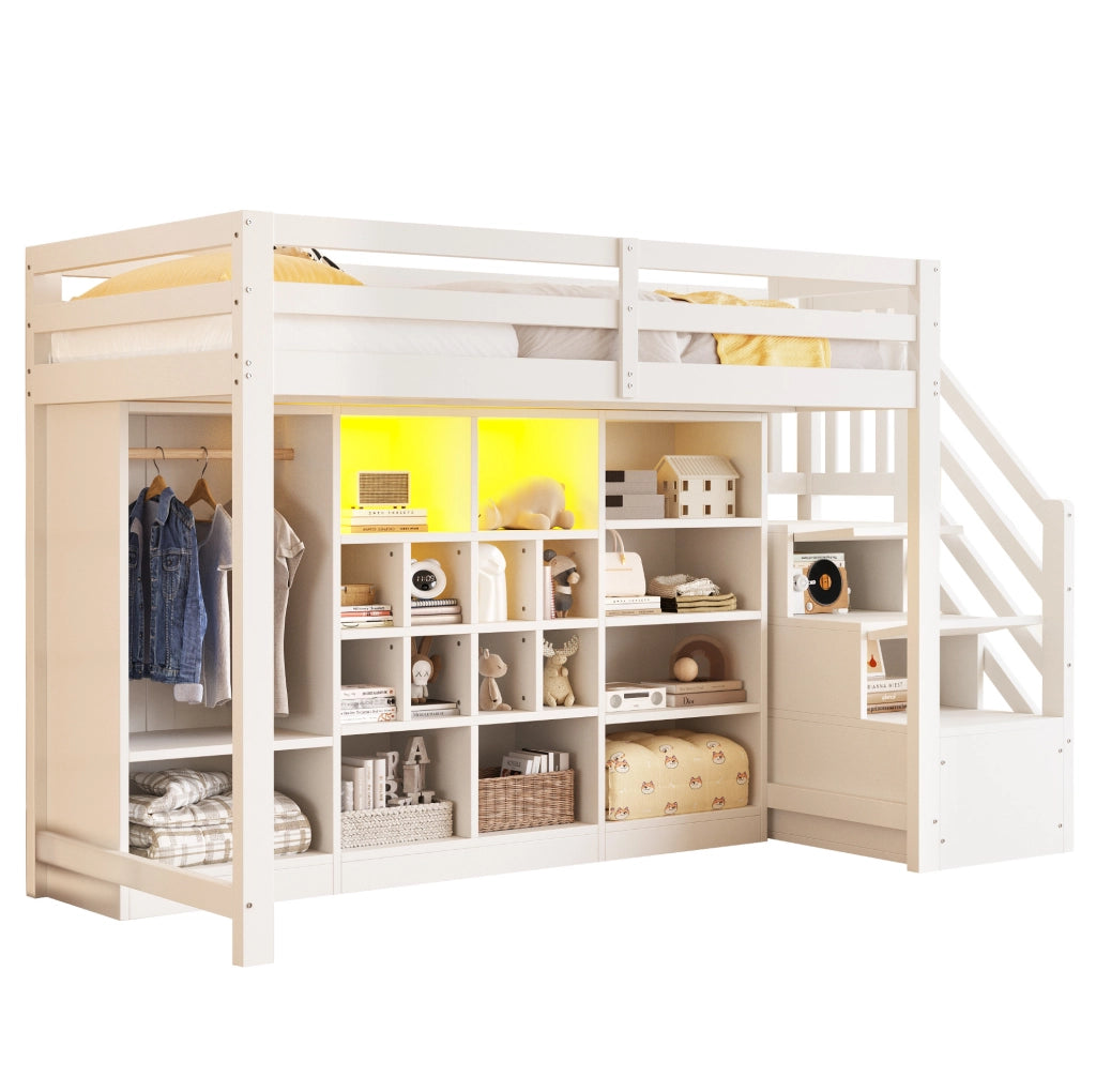 Letto a soppalco 90 x 200 cm con contenitori, armadio e luce LED