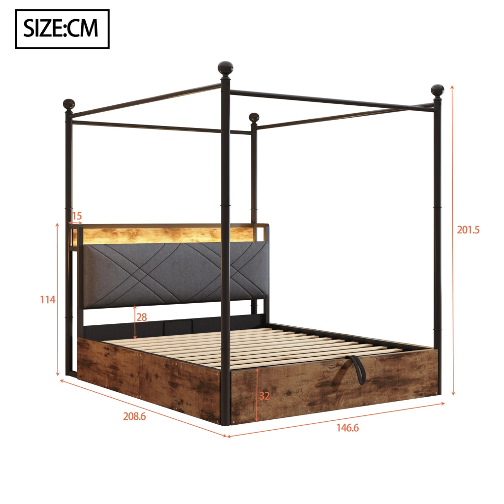 Letto contenitore matrimoniale 140×190 cm con LED; USB e Type-C; baldacchino removibile; senza materasso; nero