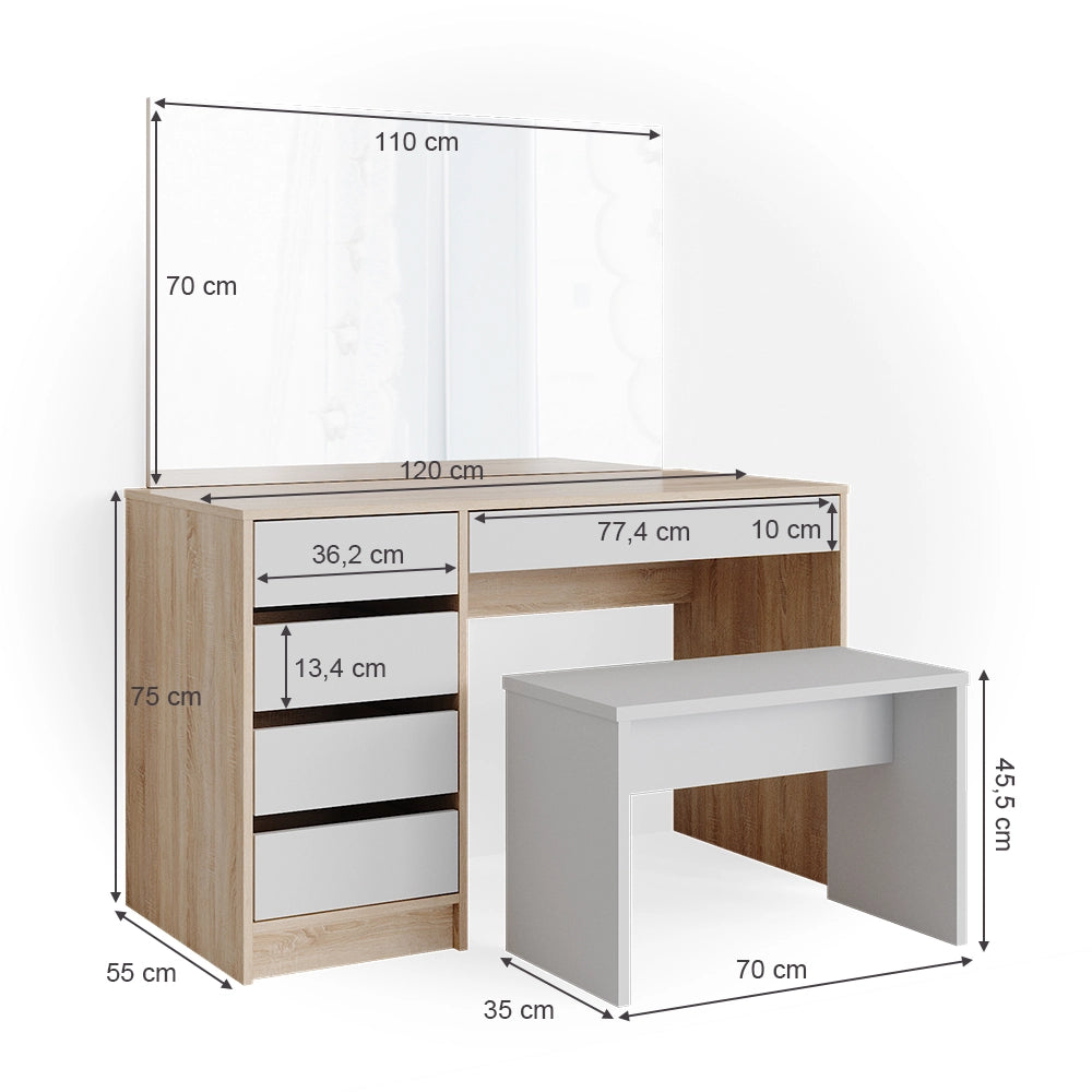 Vicco Tavolo da toeletta Bianco/Sonoma 120 cm con panca